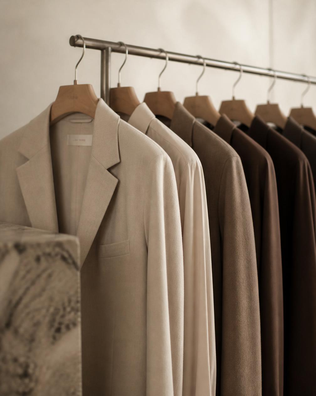 A rail of neutral tailored garments in beige, taupe and espresso tones