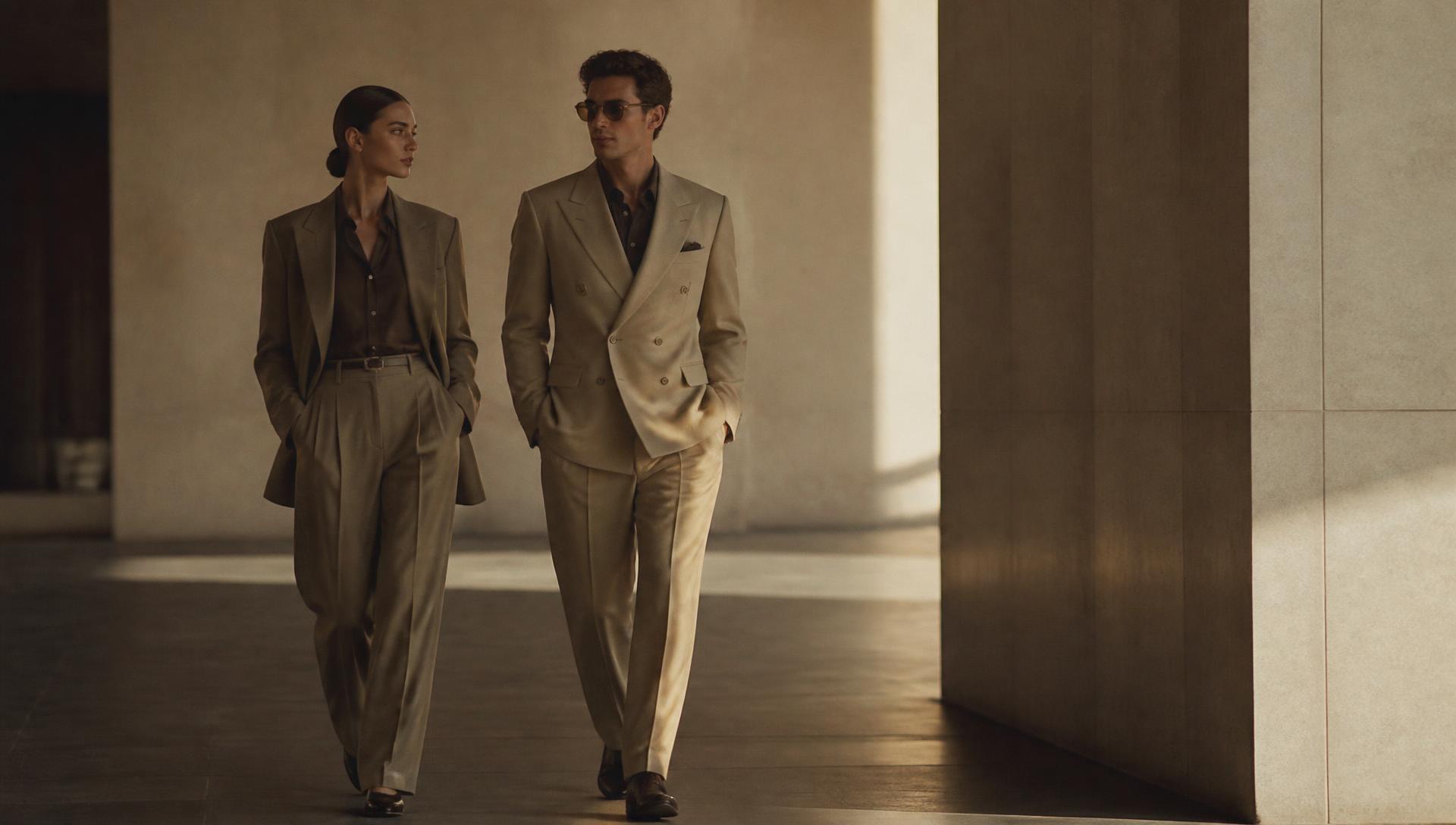 Two clients walking in tailored neutral suiting through a sunlit corridor
