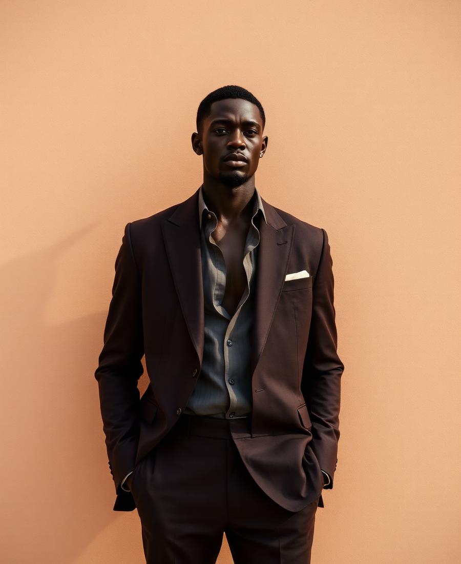 Client styled in an espresso brown tailored suit with an open collar shirt